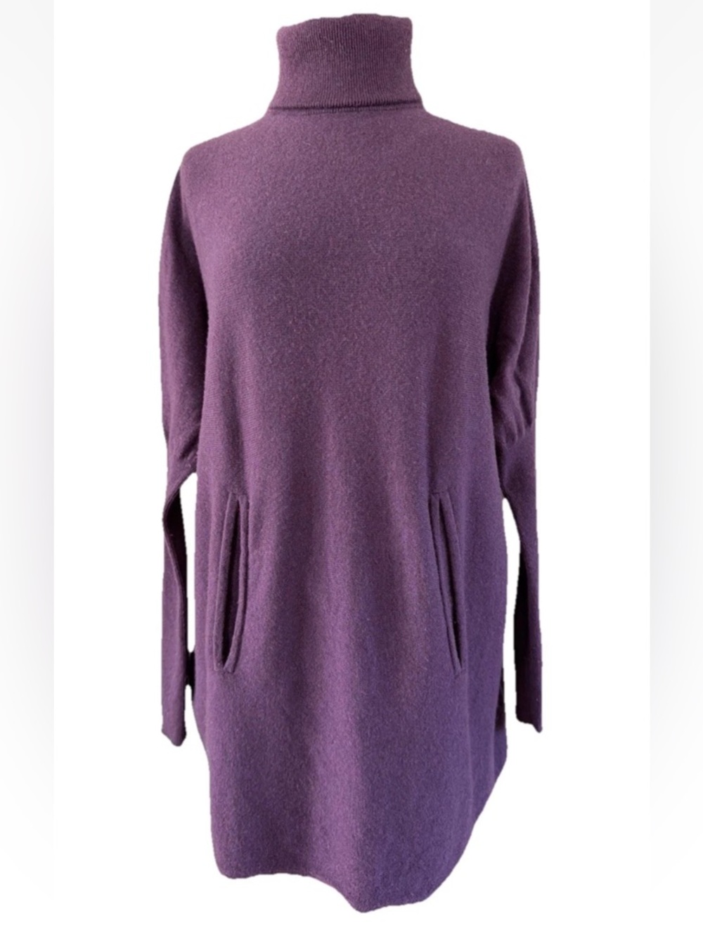Garnet Hill Oversized Turtleneck Sweater Wool Cashmere Pocket Plum Purple Sz Sm